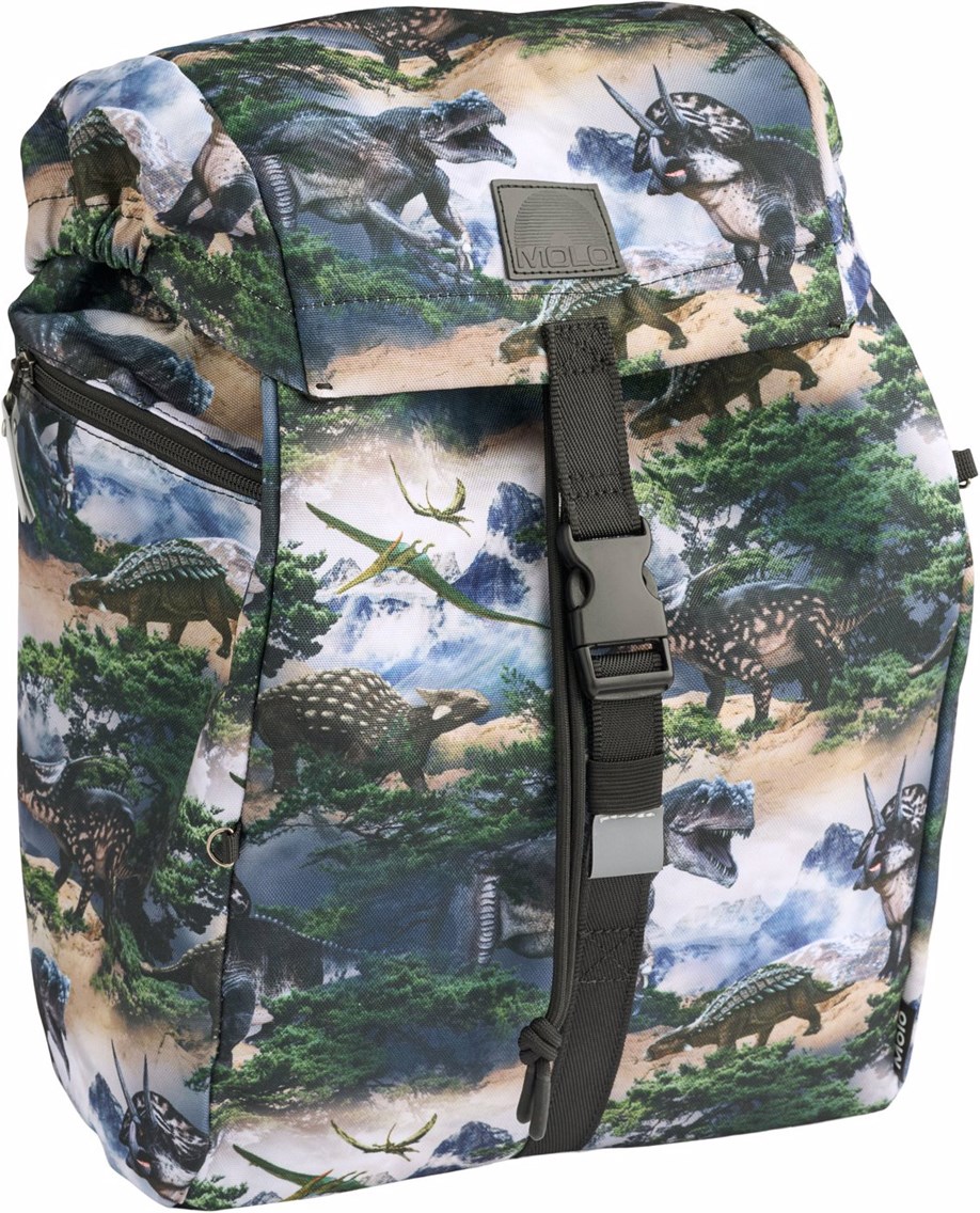 Backpack School - Mountain Dino - Grün/graue Schultasche mit einem Druck einer Dinosaurierlandschaft aus strapazierfähigem Polyester mit wasserabweisender Oberfläche