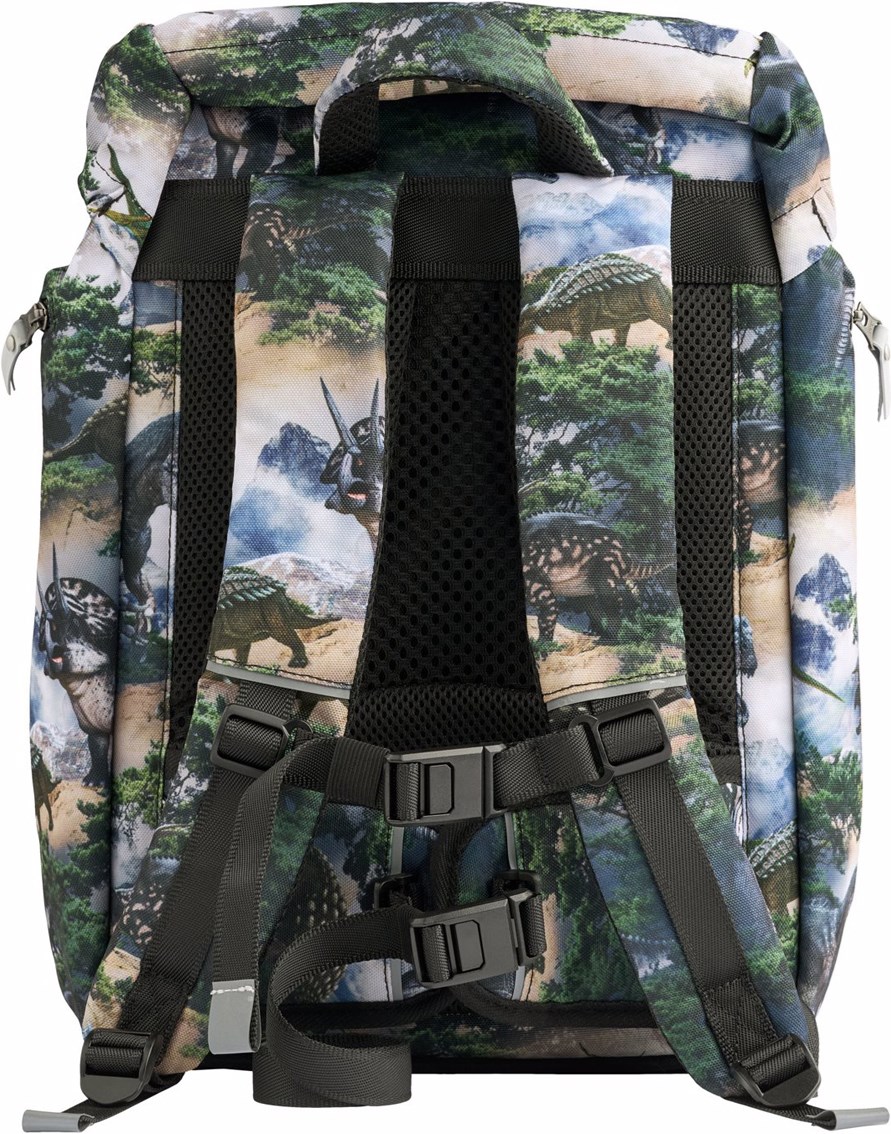 Backpack School - Mountain Dino - Grün/graue Schultasche mit einem Druck einer Dinosaurierlandschaft aus strapazierfähigem Polyester mit wasserabweisender Oberfläche