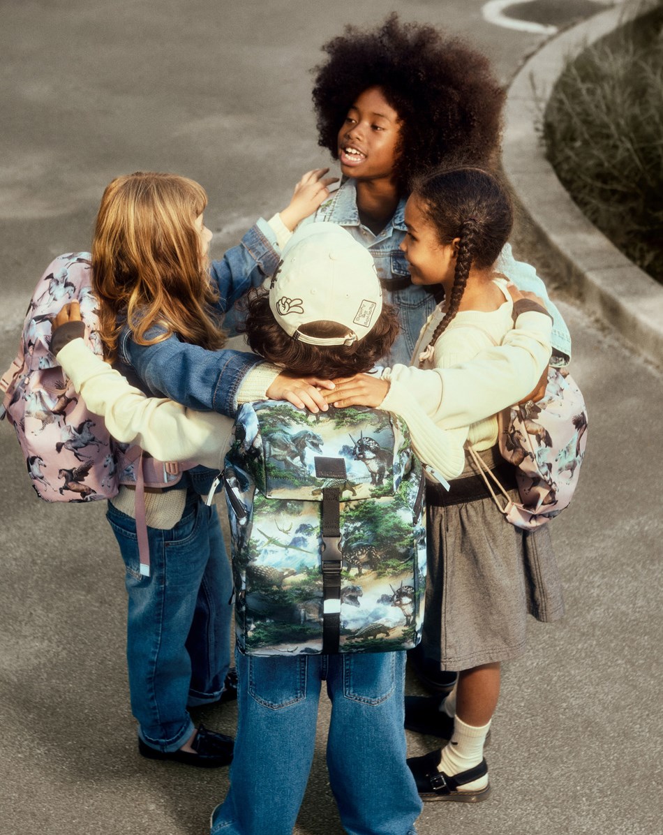 Backpack School - Mountain Dino - Grün/graue Schultasche mit einem Druck einer Dinosaurierlandschaft aus strapazierfähigem Polyester mit wasserabweisender Oberfläche