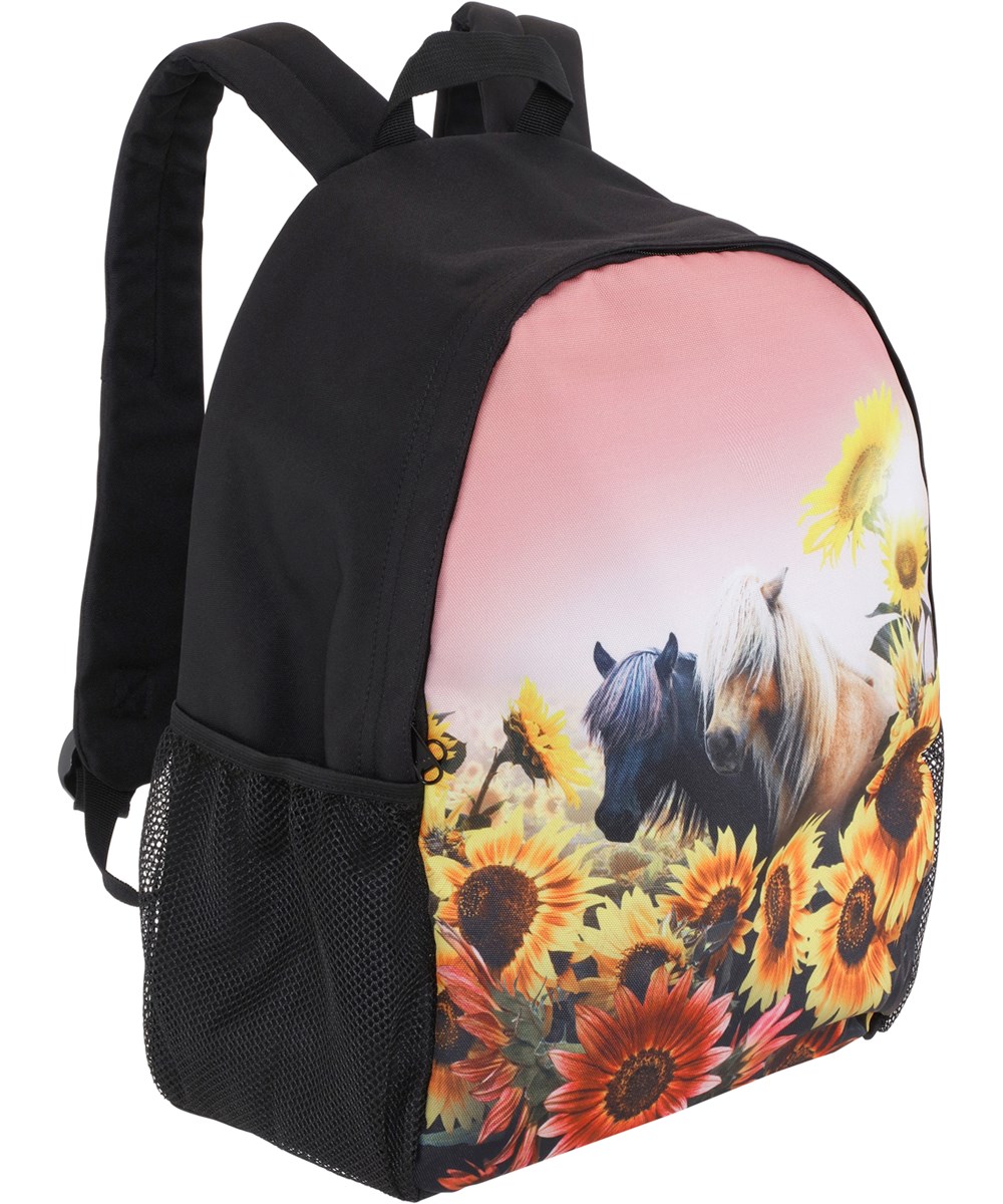 Backpack Solo - Pony Sunflowers - Schwarzer Rucksack mit Aufdruck von Pferden und Sonnenblumen