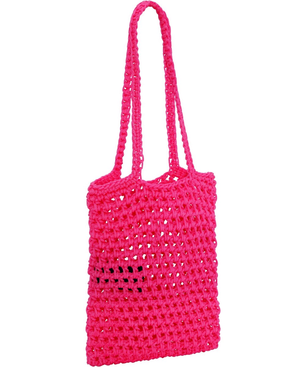Crochet Bag - Confetti - Kleine, pinkfarbene Umhängetasche, gehäkelt aus robustem Polyestergarn. Die Tasche ist ungefüttert und hat eine offene Oberseite mit Schultergurten.