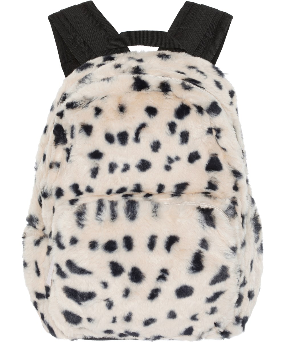 Furry Backpack - Wild Dot - Beigefarbener Pelzrucksack mit schwarzen Flecken