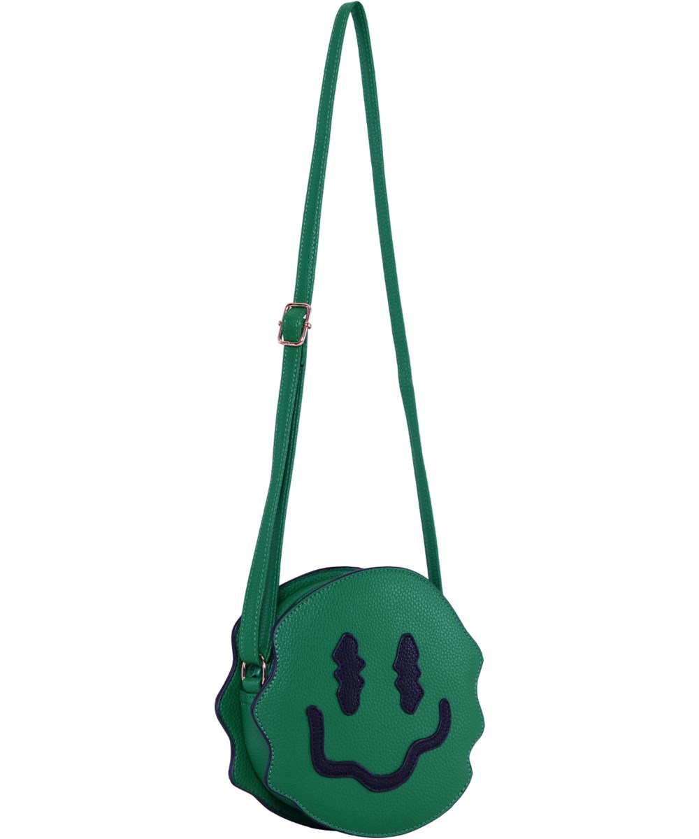 Uneven Smile Bag - Aventurine - Grüne Umhängetasche mit lächelndem Glitch-Gesicht-Design, verstellbarem Riemen.