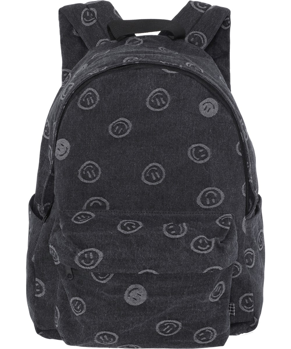 Backpack Mio - Happiness Black - Rygsæk i mørkegrå denim med print af smileyer