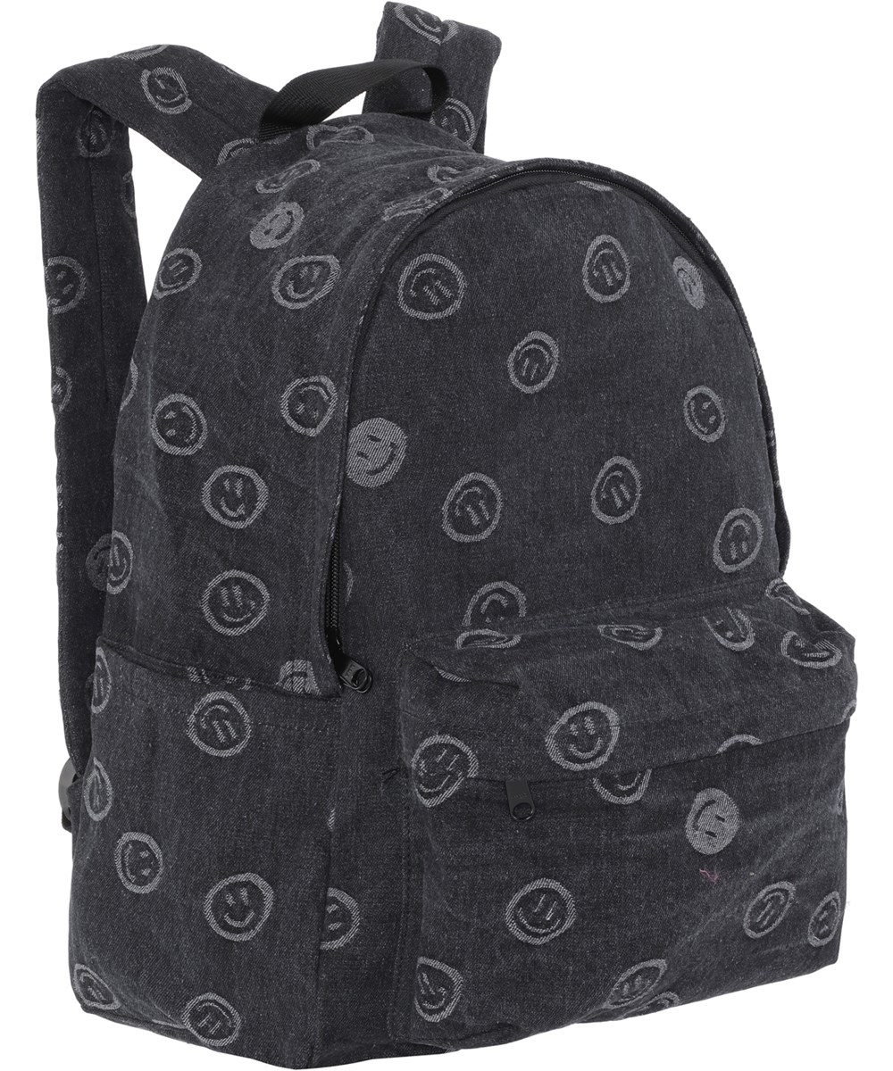 Backpack Mio - Happiness Black - Rygsæk i mørkegrå denim med print af smileyer