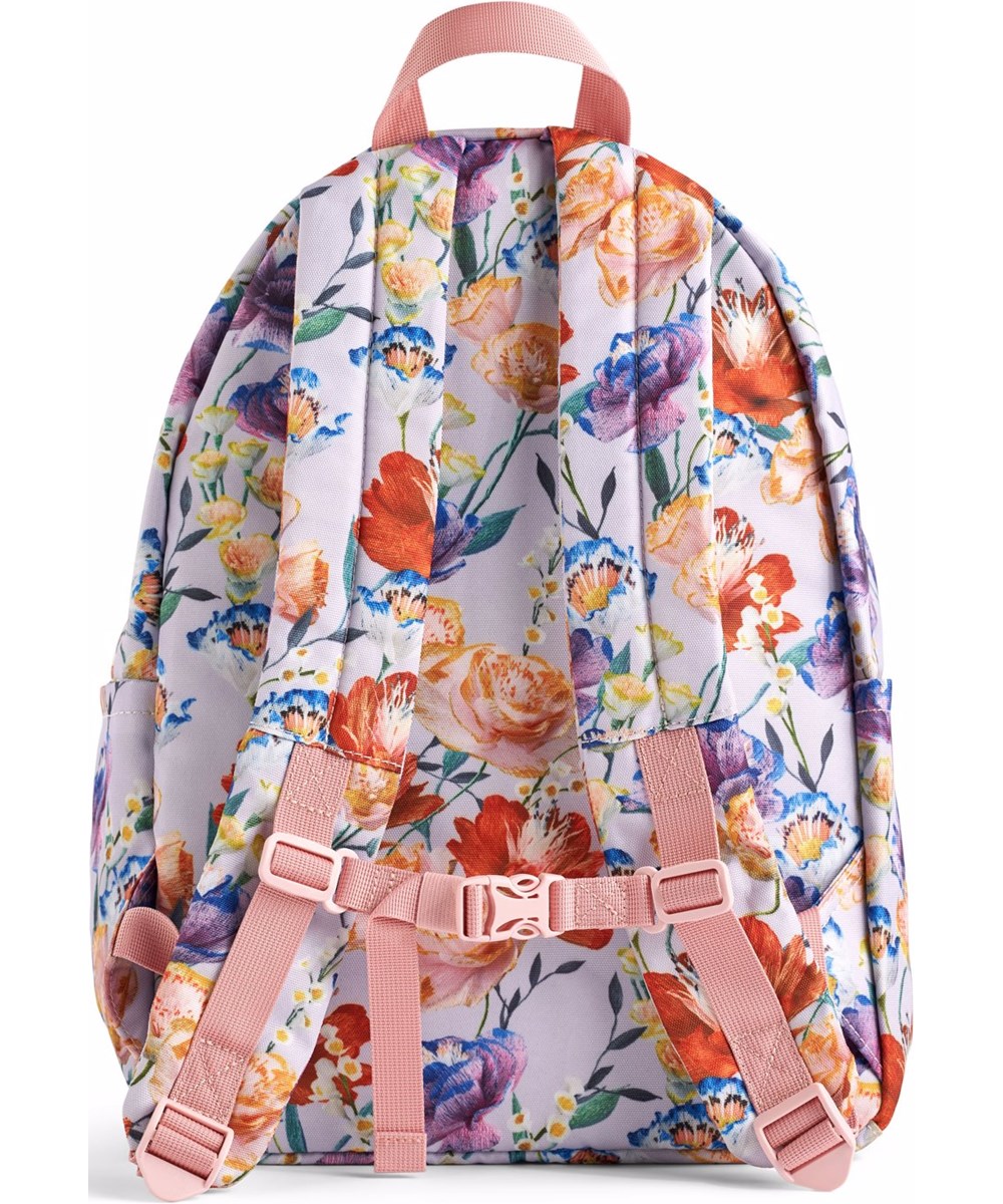 Backpack Mio - Paper Flowers - Lyslilla rygsæk med print af farverige blomster til børn.