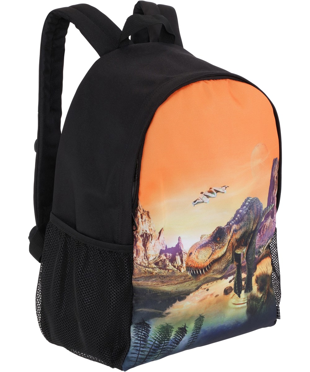 Backpack Solo - Planet T-Rex - Sort rygsæk med orange front og print af en t-rex dinosauer