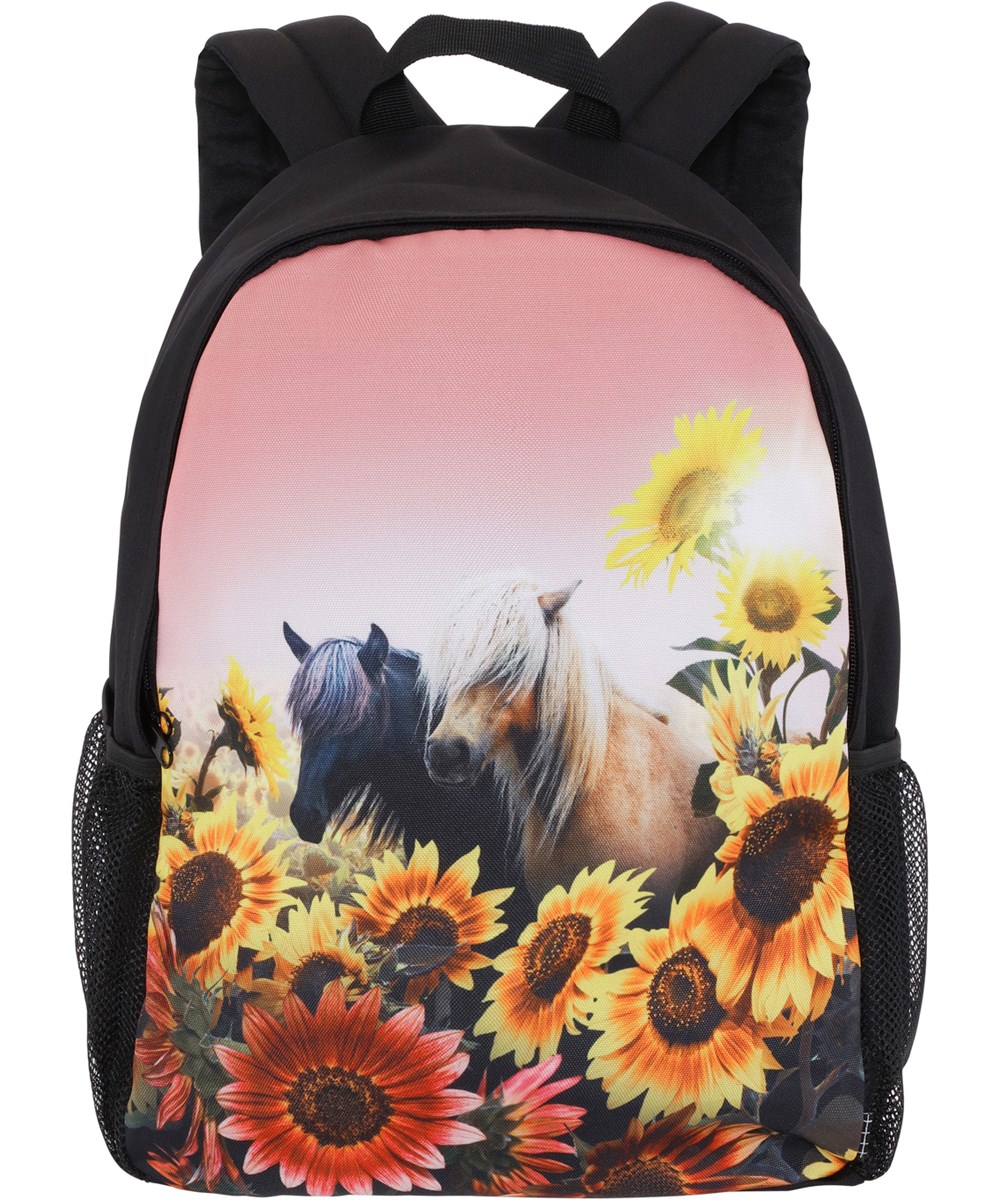 Backpack Solo - Pony Sunflowers - Sort rygsæk med print af heste og solsikker