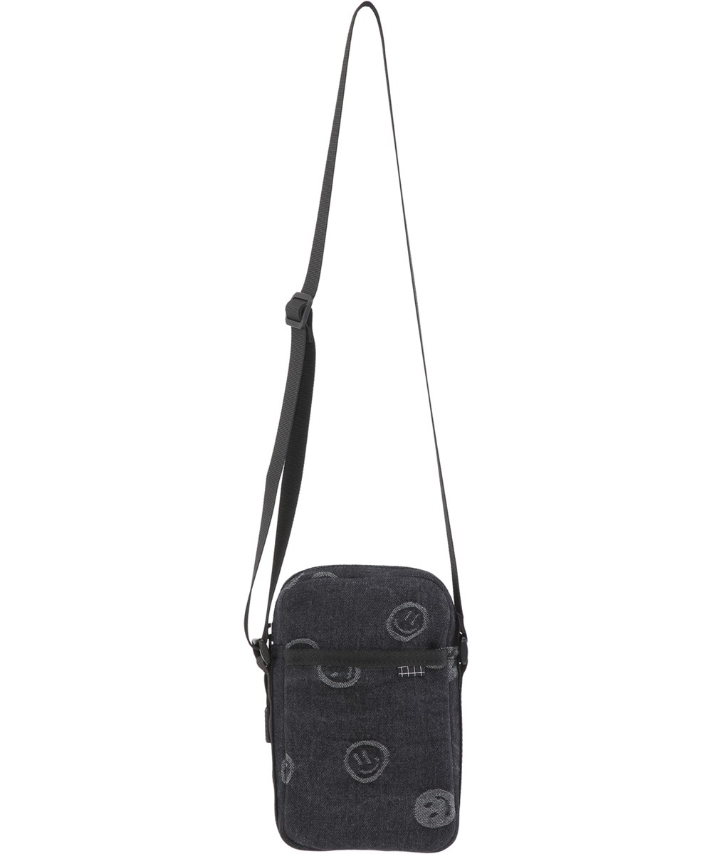 Crossover Bag - Happiness Black - Lille crossbody taske i grå denim med print af smileyer