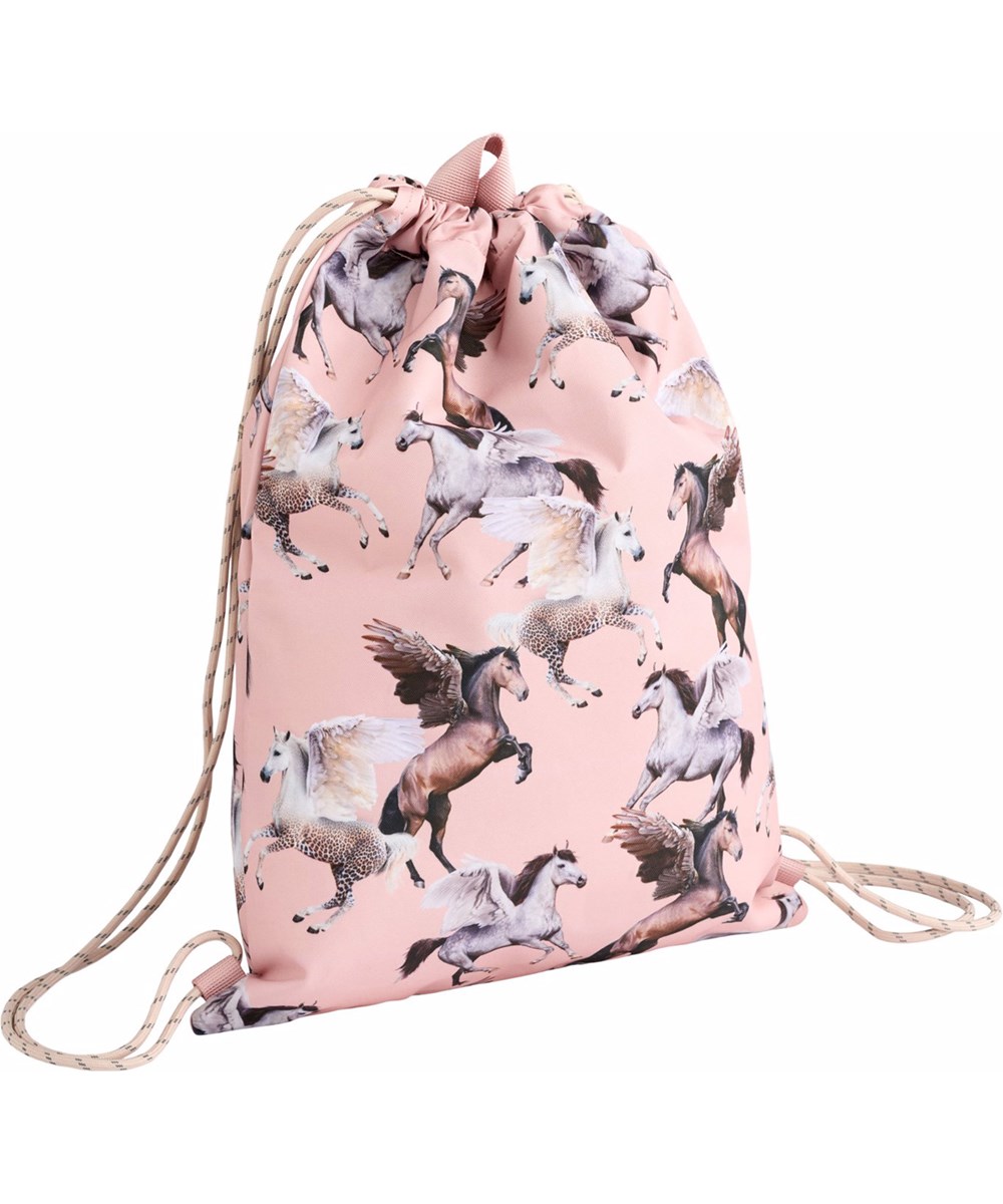 Gym Bag - Pegasus - Lyserød gymnastiktaske med print af flyvende pegasusser, fremstillet i slidstærkt polyester med vandafvisende egenskaber