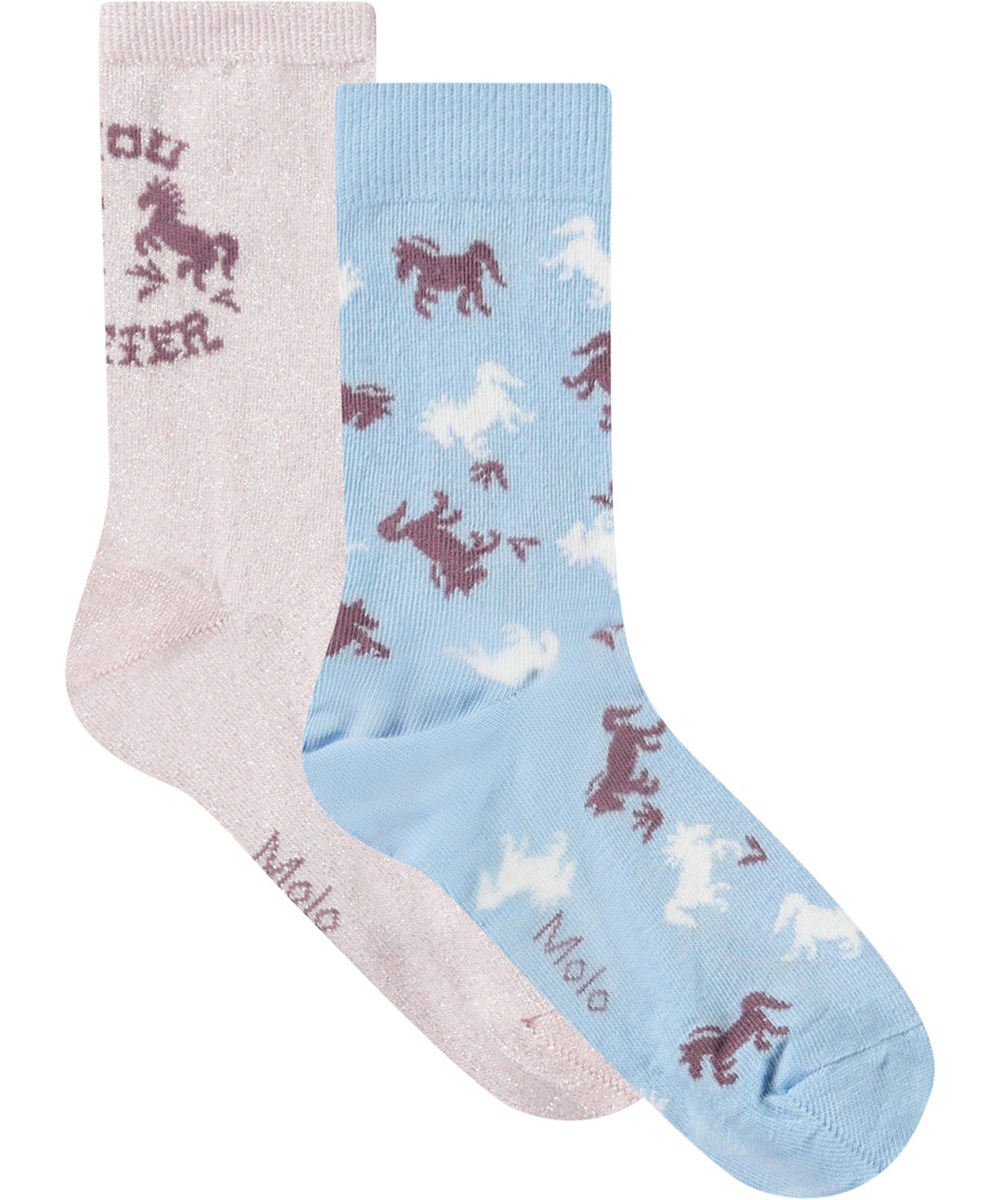 Nomi - Charlotte Pink - 2-pack socks in light purple with glitter and light blue for children. The socks feature a horse design.