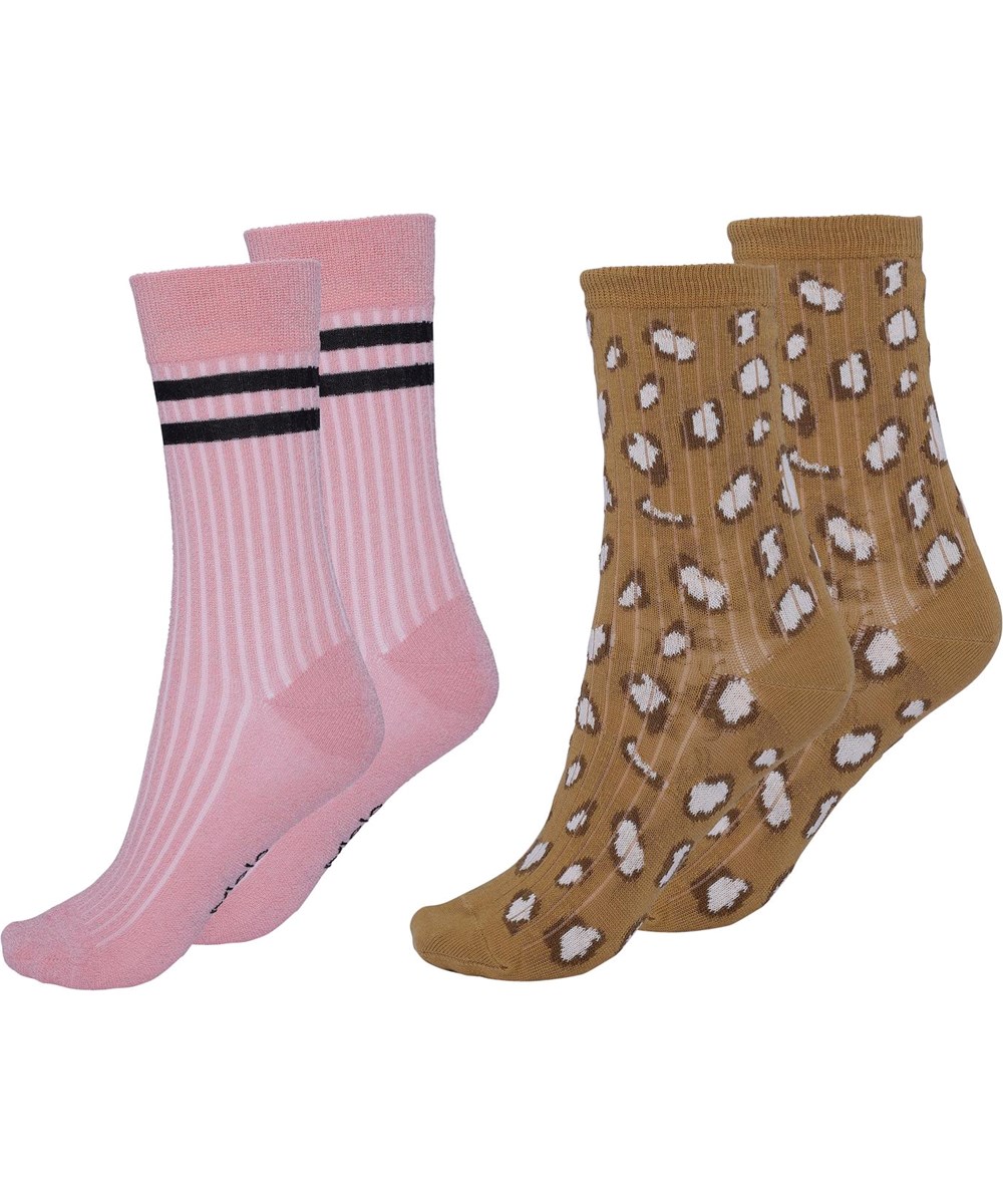 Nomi - Graphic Deer - Two pairs socks in rose with black stripes brown
