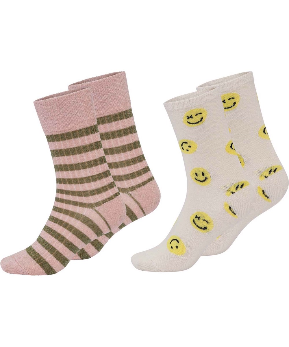 Nomi - Pearled Ivory - Ankle socks two pair stripes and smiley face