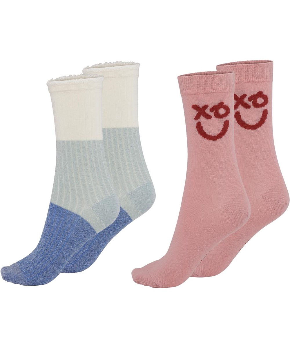 Nomi - Sterling Blue - Two pairs of long socks with smiley face and stripes 