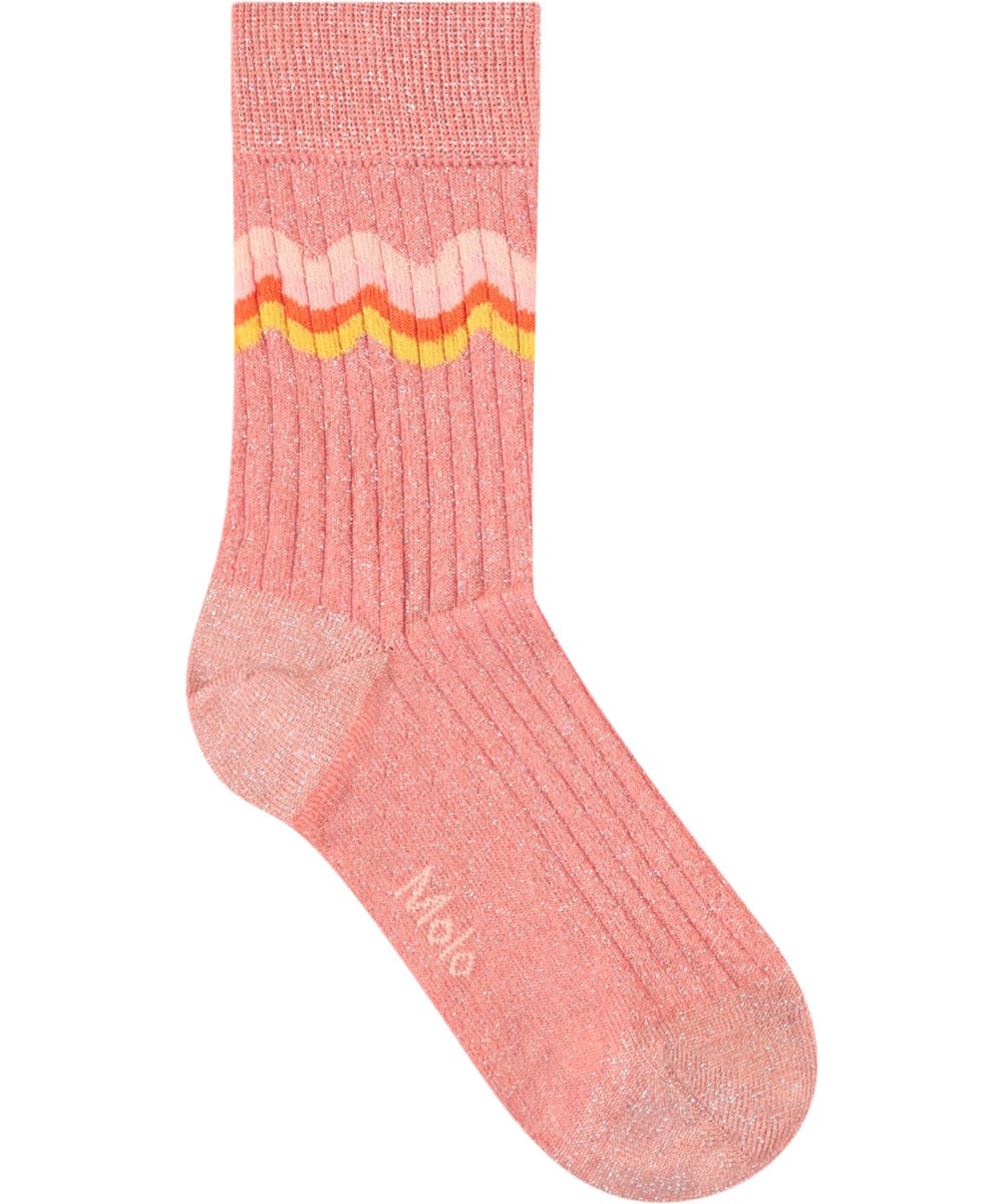 Nomi - Warm Coral - 2-pack socks in pink with yellow strawberries and pink with glitter and ribbon for children.