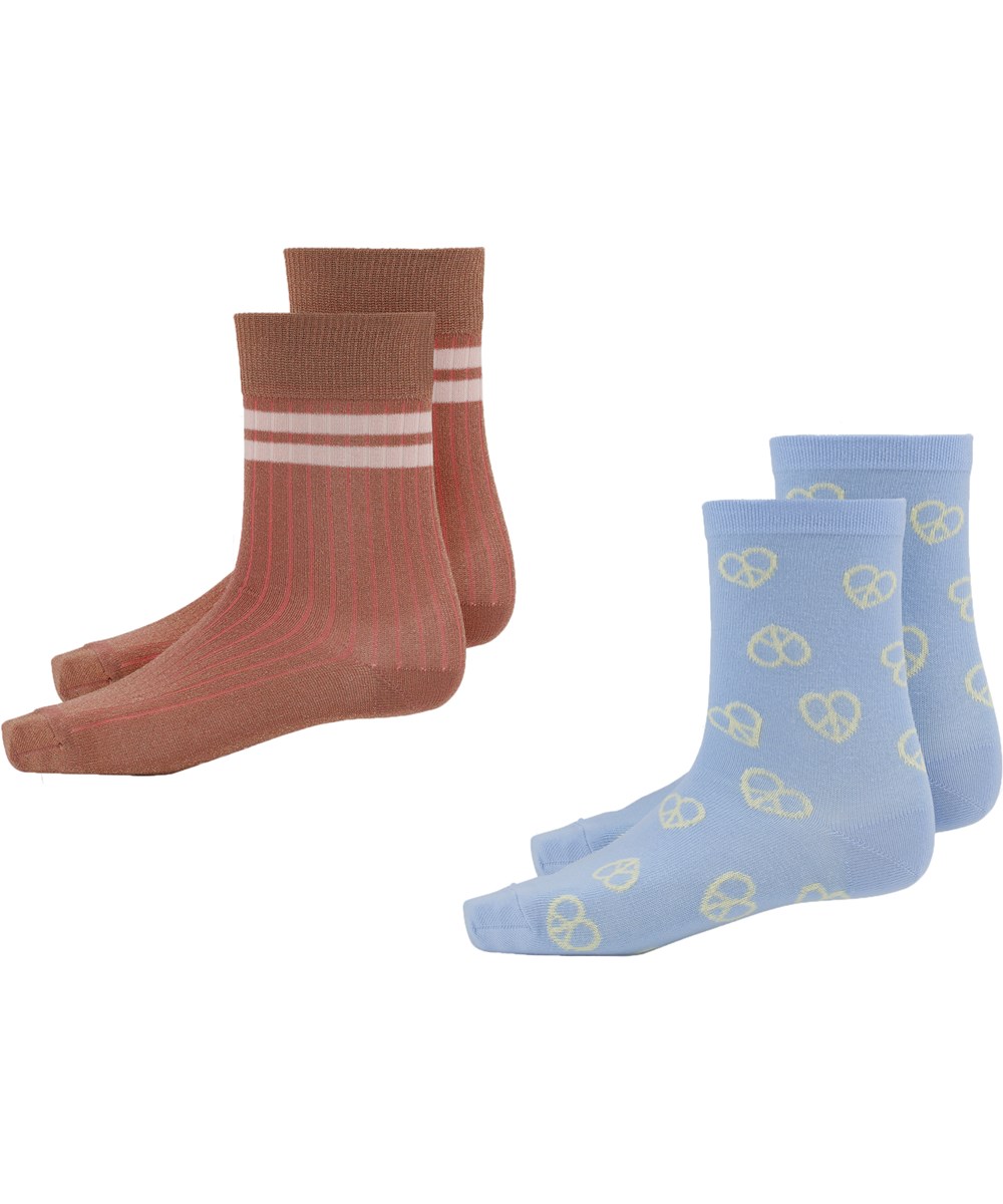 Nomi - Windy - Two pair Oeko-Tex socks in bordeaux and light blue with peace sign hearts