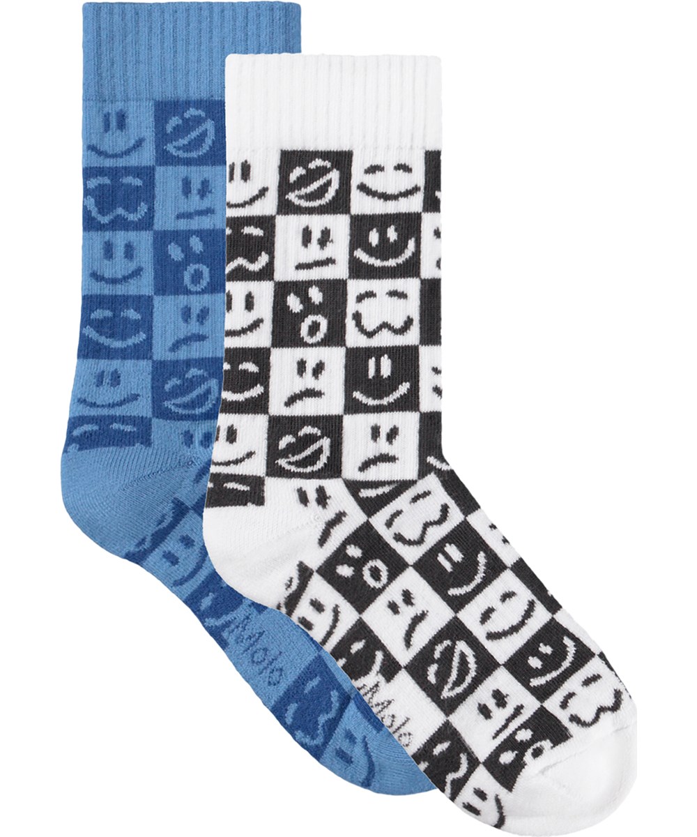 Norman - Blue White - 2-pack socks for children made of black/white and blue cotton with a chequered mood motif