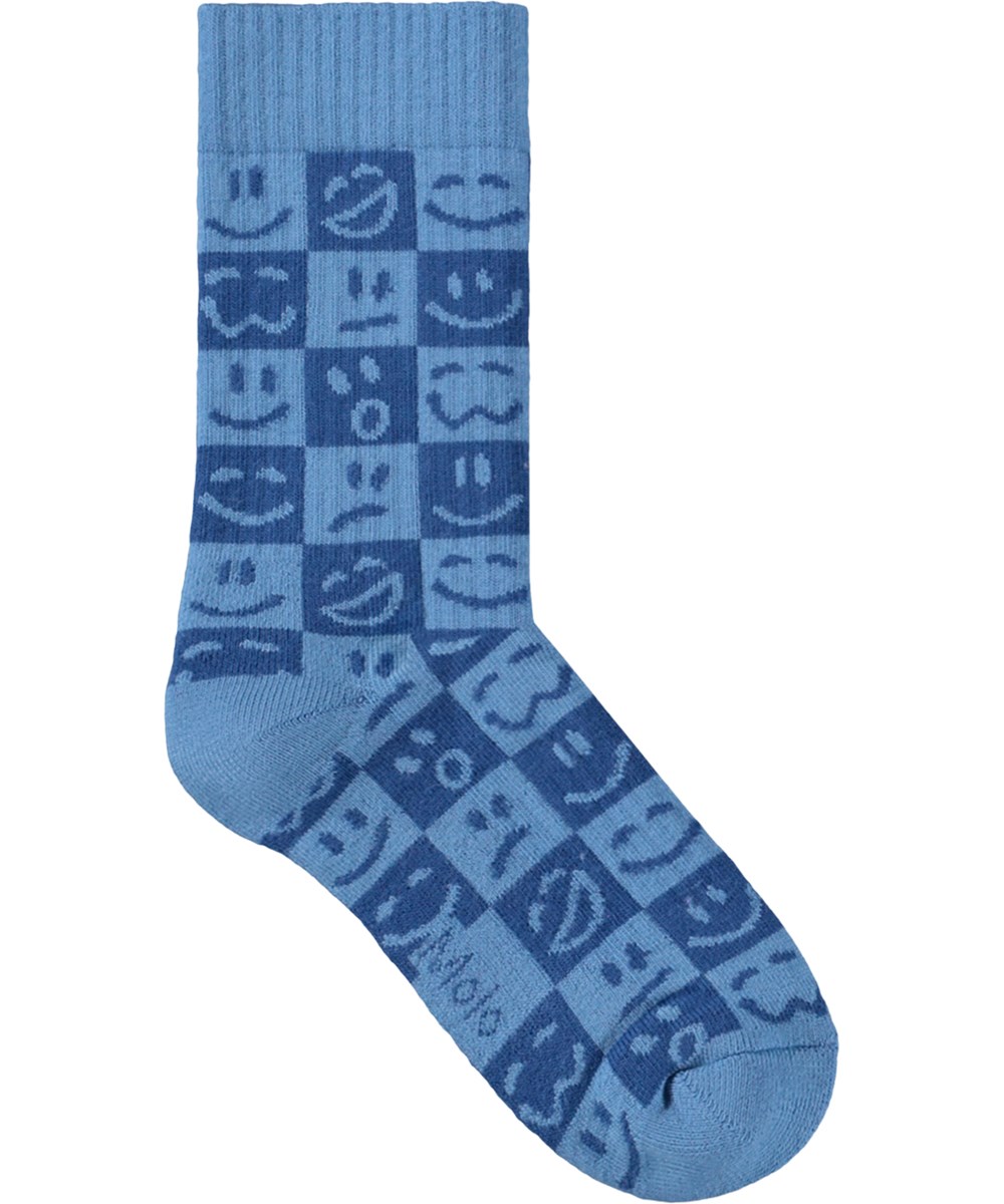 Norman - Blue White - 2-pack socks for children made of black/white and blue cotton with a chequered mood motif