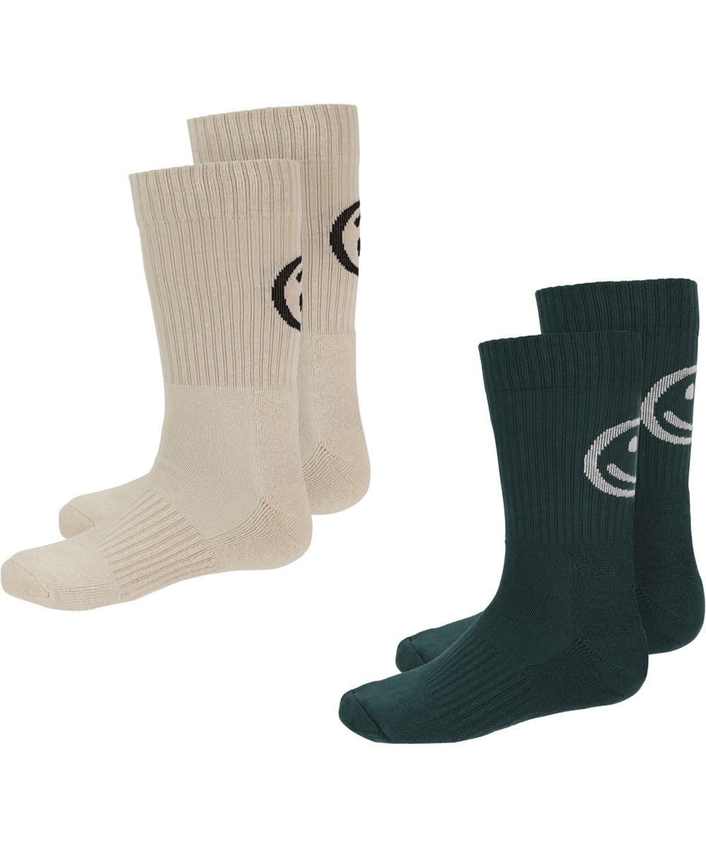 Norman - Fantasy Forest - Beige and dark green rib socks with smiley faces