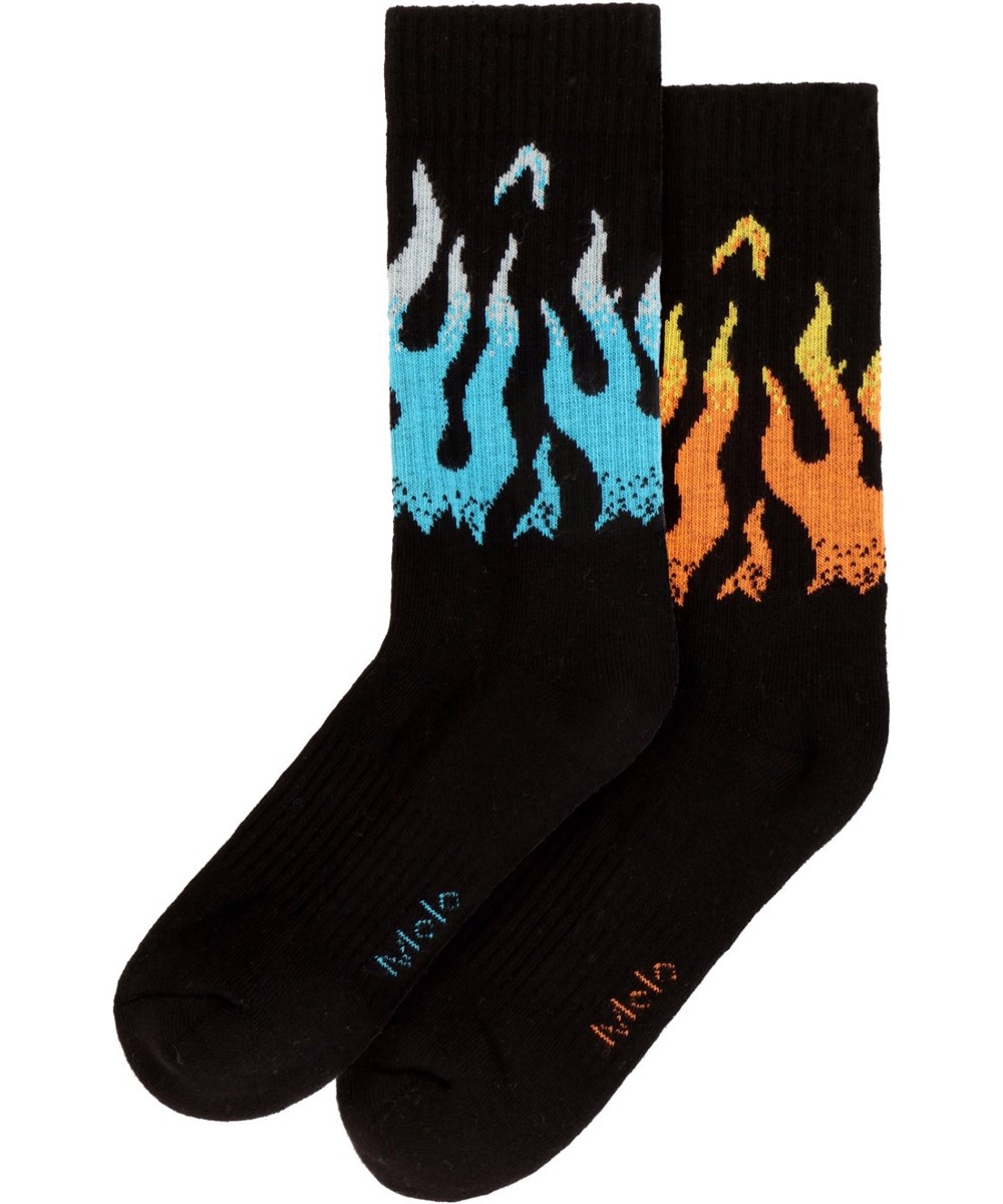 Norman - On Fire - 2-pack black socks with flame motif in soft cotton blend with rib at leg and elastic on top