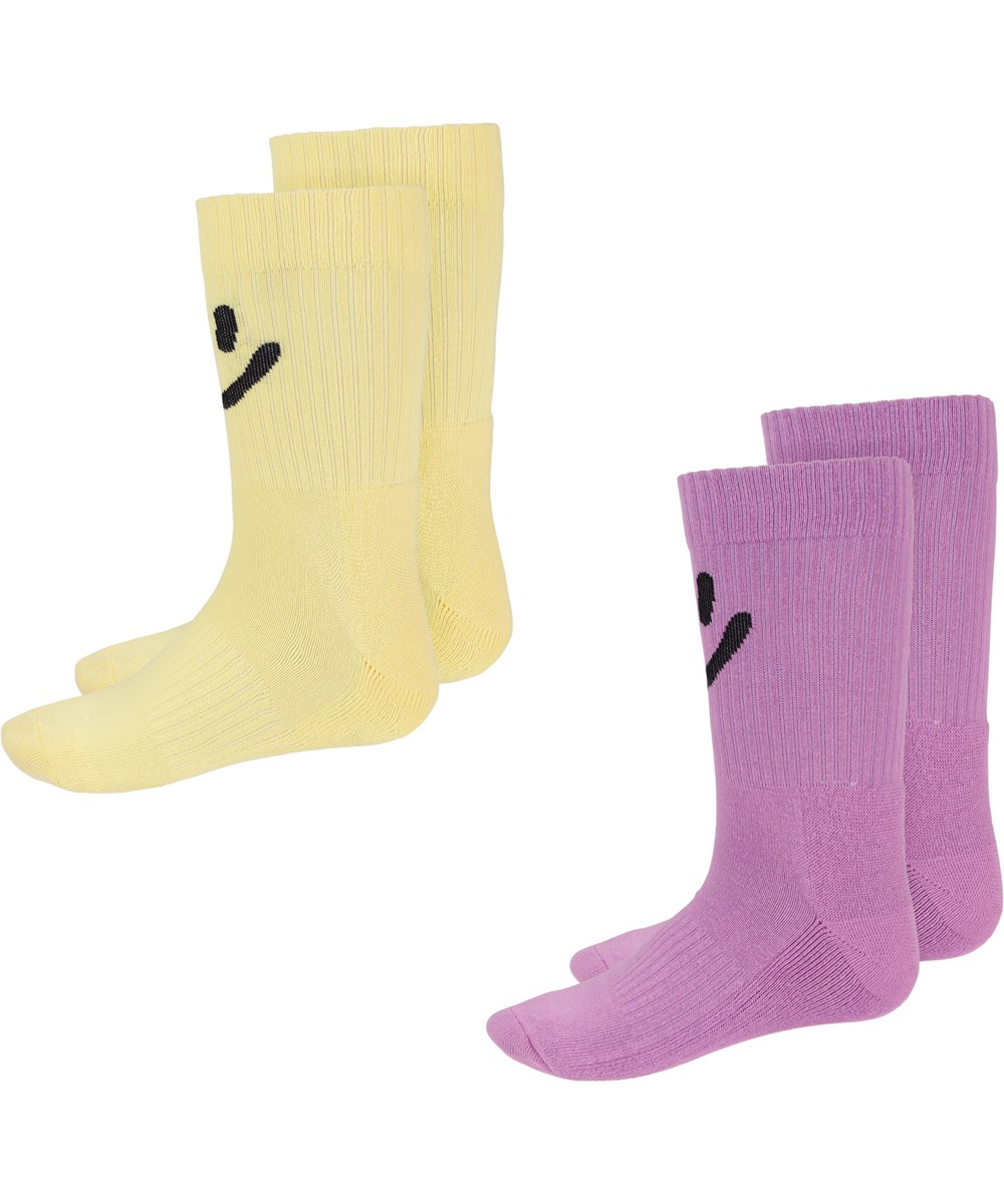 Norman - Pale Sun - Yellow and purple rib socks with smiley faces