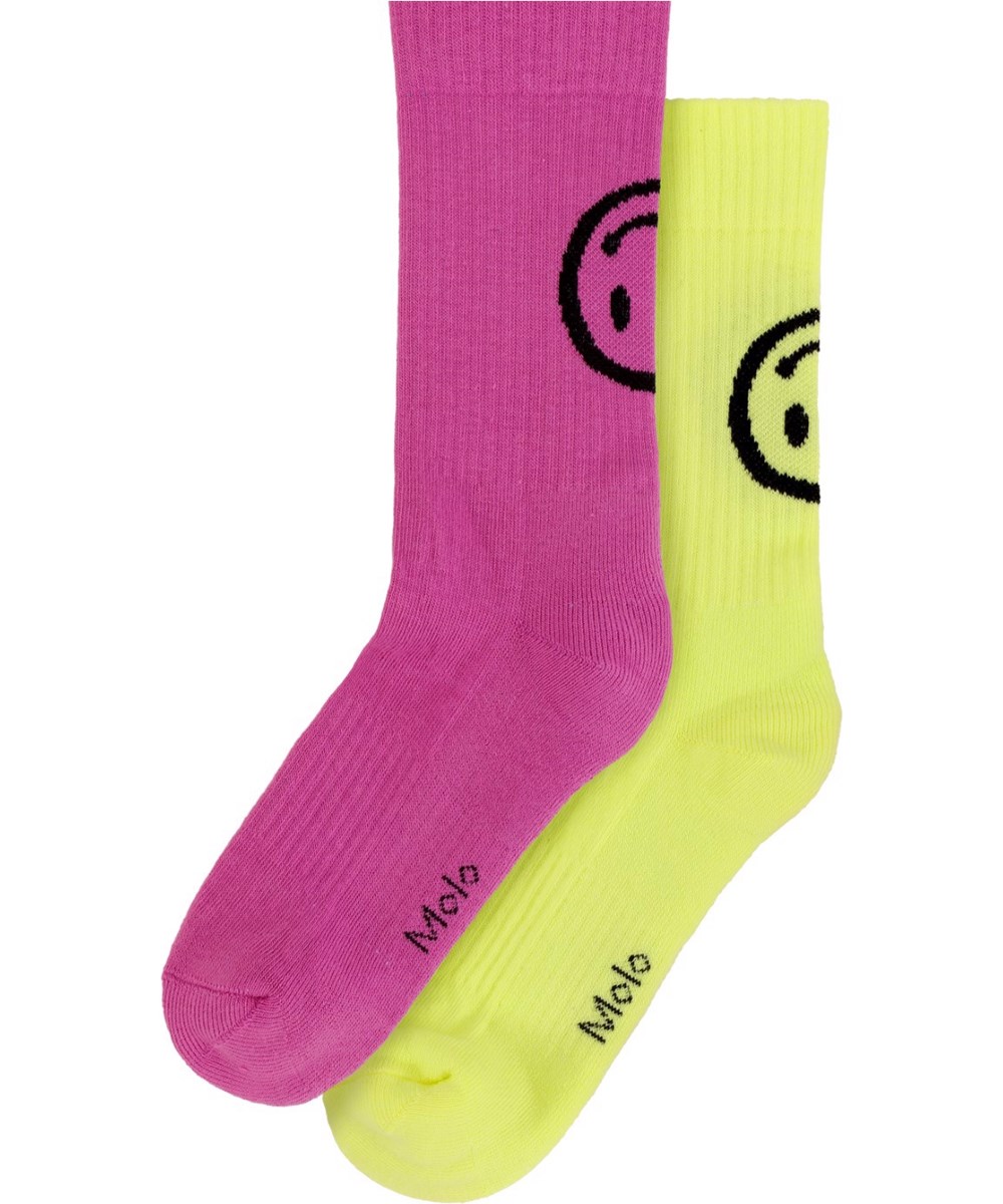 Norman - Sour Lemon - 2-pack pink and yellow socks with smiling face motif on back in soft cotton blend with rib at leg and elastic on top