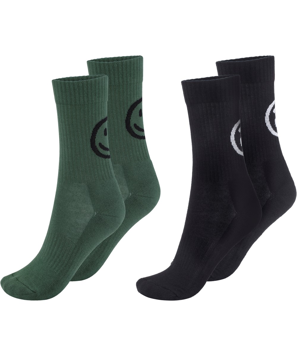 Norman - Eden - Two pair sporty socks in black and green with smiley faces