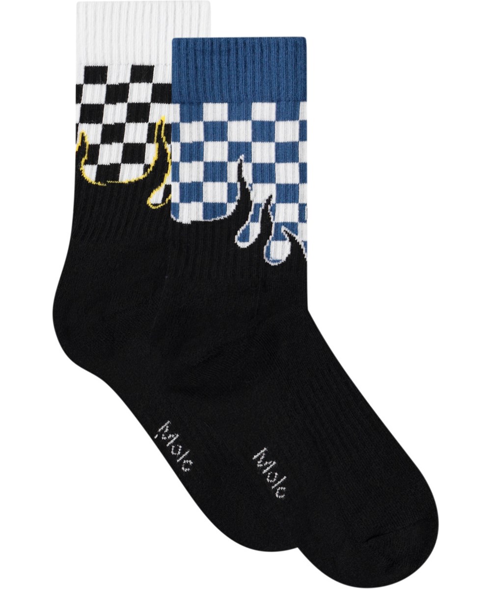 Norman - Blue Flames - 2-pack cotton socks with fire and checkered pattern for children.