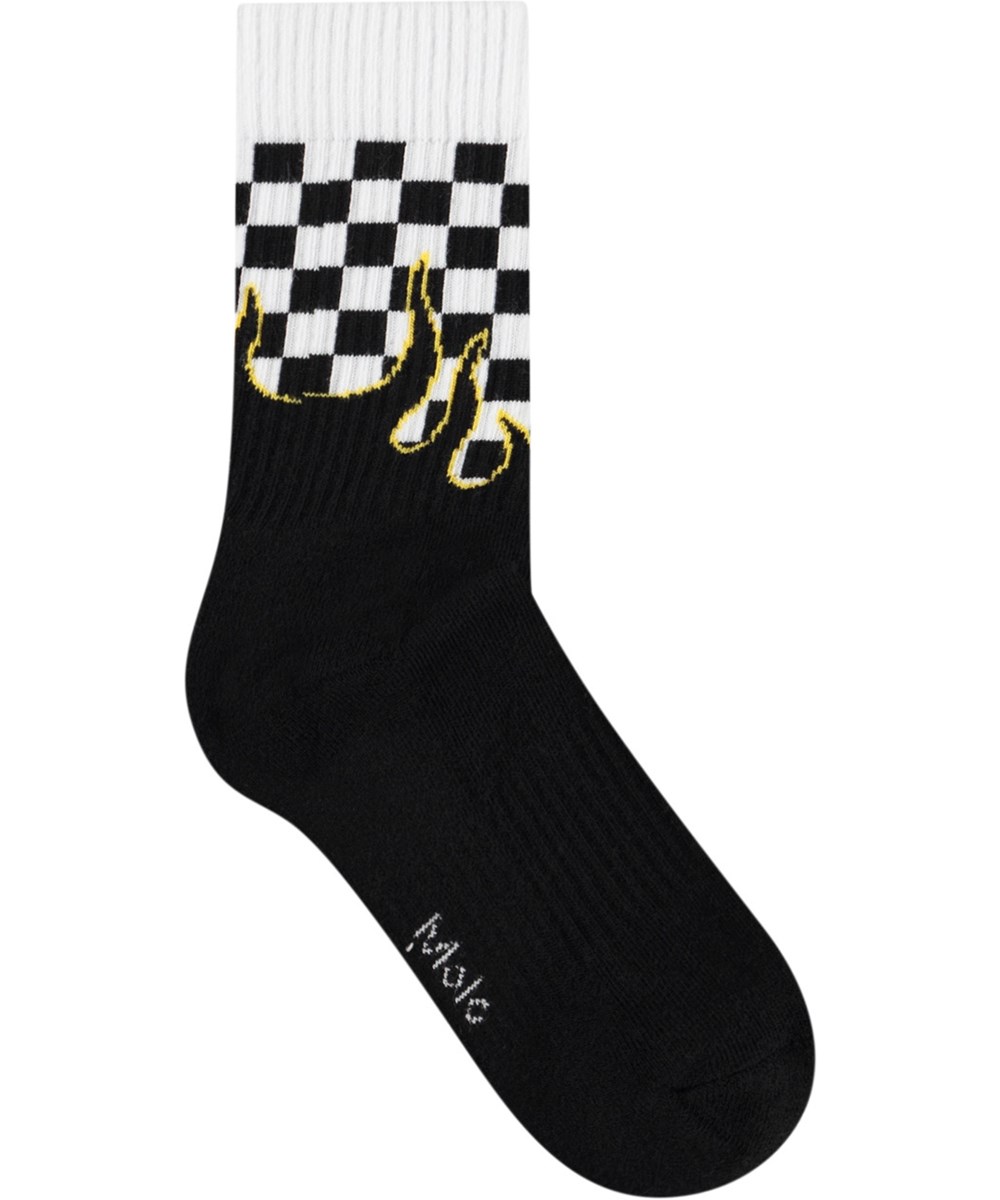 Norman - Blue Flames - 2-pack cotton socks with fire and checkered pattern for children.