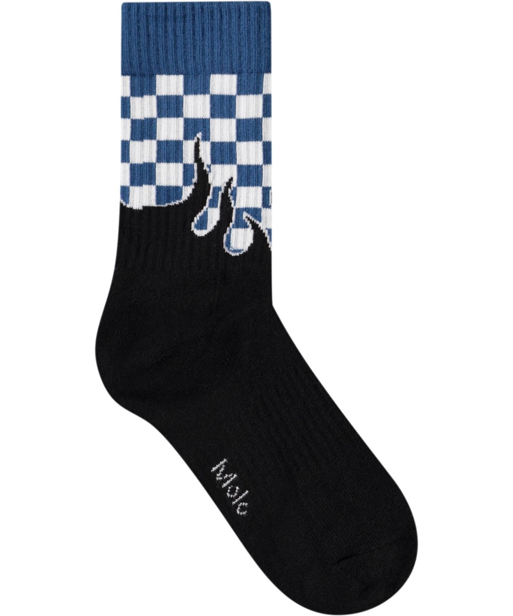 Norman - Blue Flames - 2-pack cotton socks with fire and checkered pattern for children.