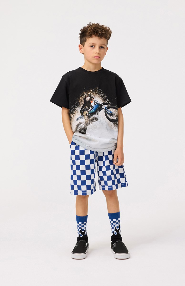 Norman - Blue Flames - 2-pack cotton socks with fire and checkered pattern for children.