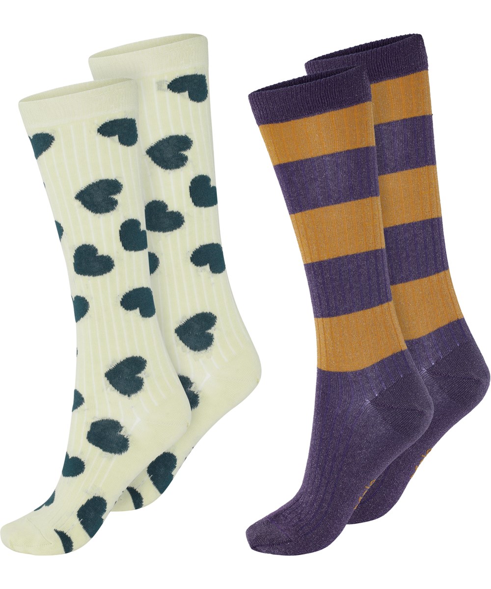 Norvina - Delicate Green - Two pair long socks with hearts and stripes 
