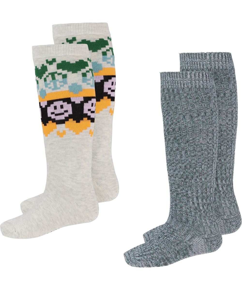 Norvina - Nordic Cosy - Long grey socks with peace and smiley