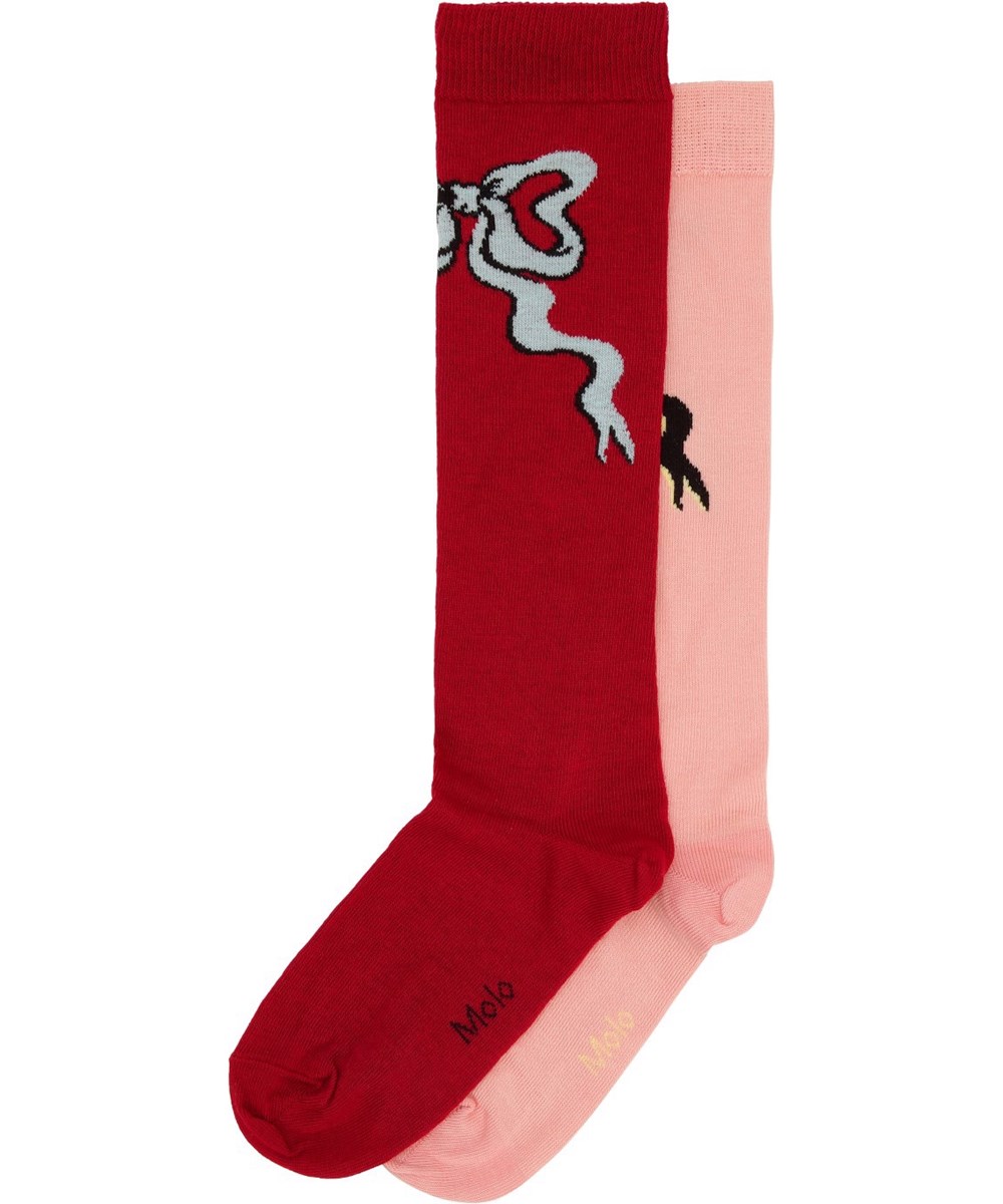 Norvina - Petal Blush - Knee-length organic cotton socks with ribbed edge. Dark red/blue bow, light pink/black bow.