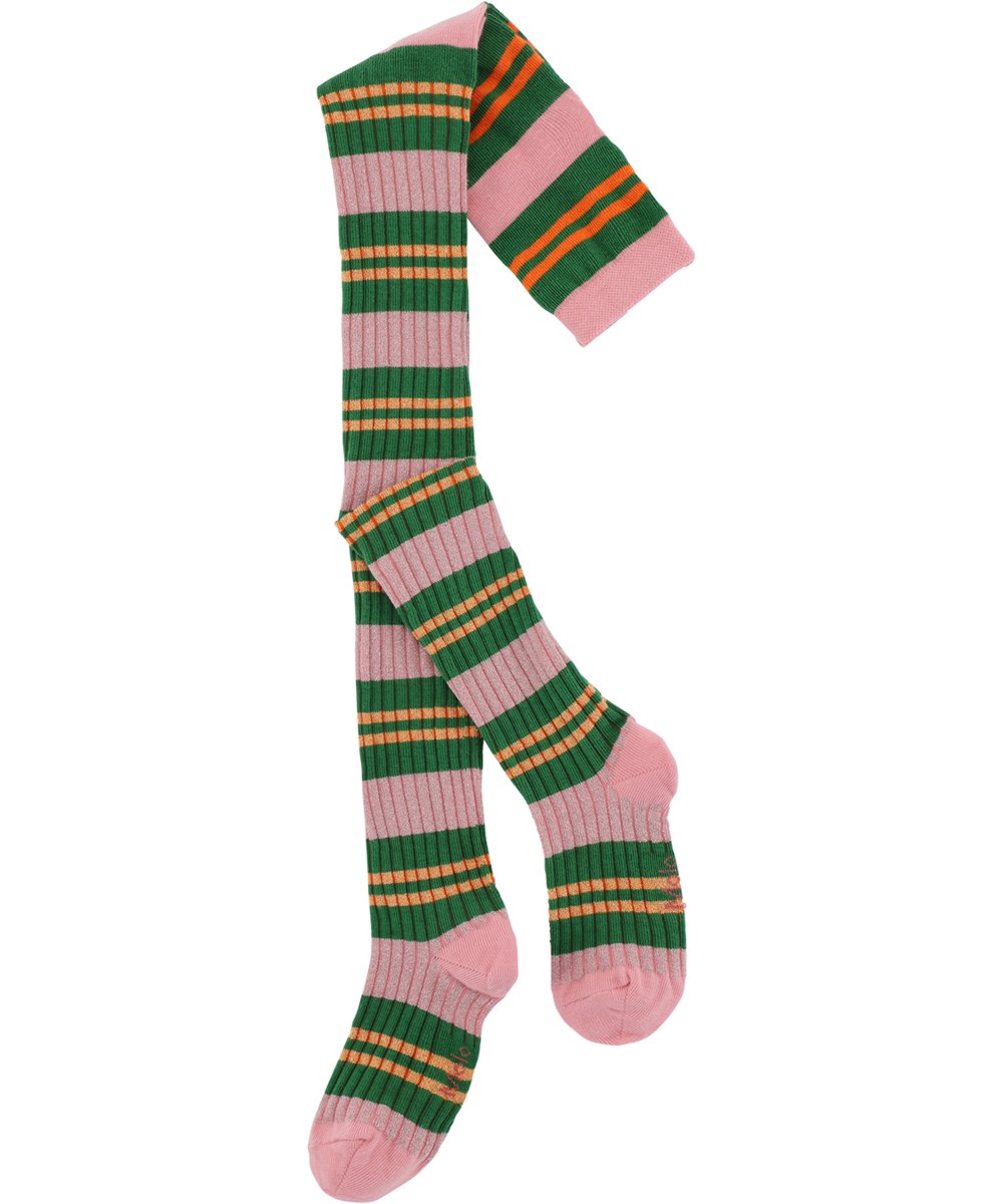 Stripy Tights - Rosa Stripe - Pink tights in rib with green stripes