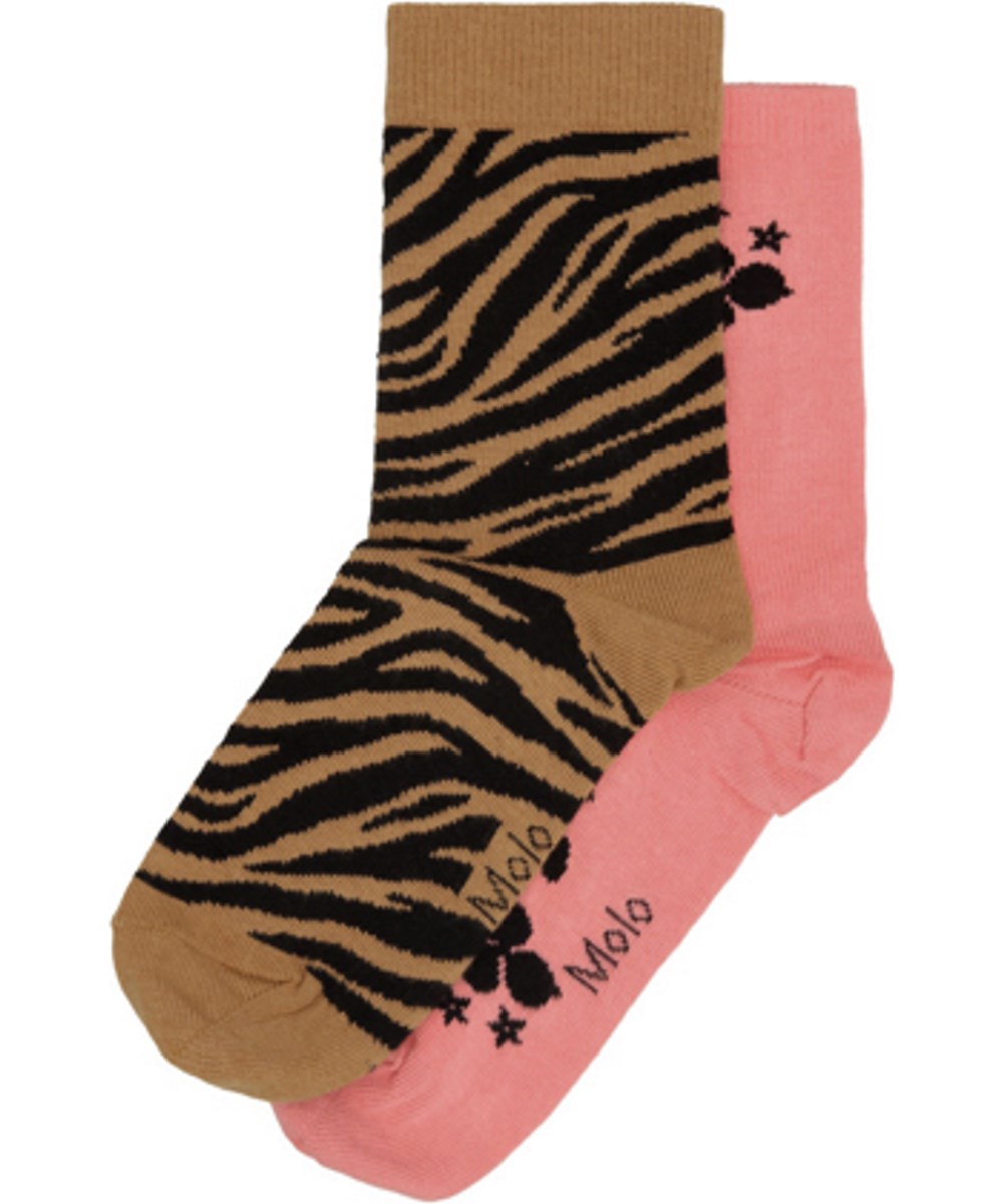 Nomi - Flamingo Plume - 2-pak økologiske strømper med zebrastriber og pink med blomster