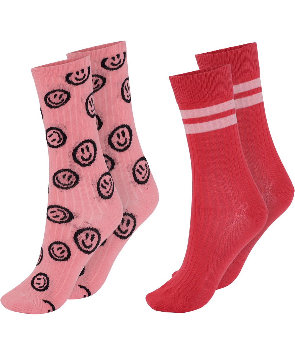 Nomi - Petals - Strømper i rosa med smiley's og rød