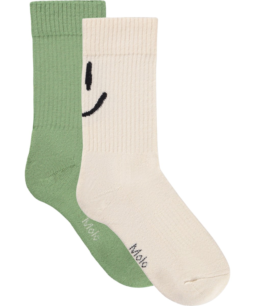 Norman - Sand Green - 2-pak sokker til børn i grøn og creme bomuld med smilmotiv