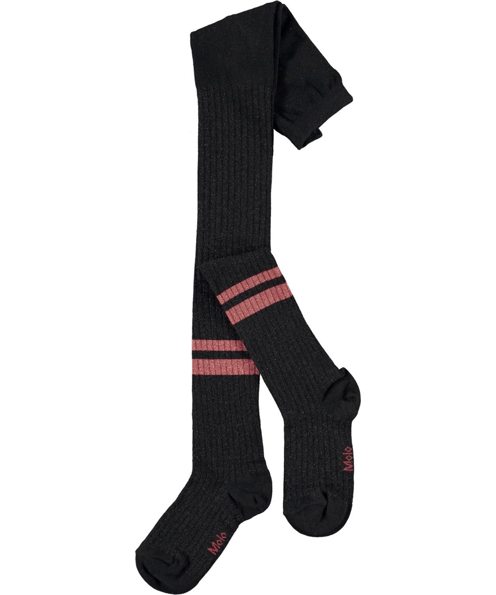 Sporty Rib Tights - Black - sorte strømpebukser med rosa striber