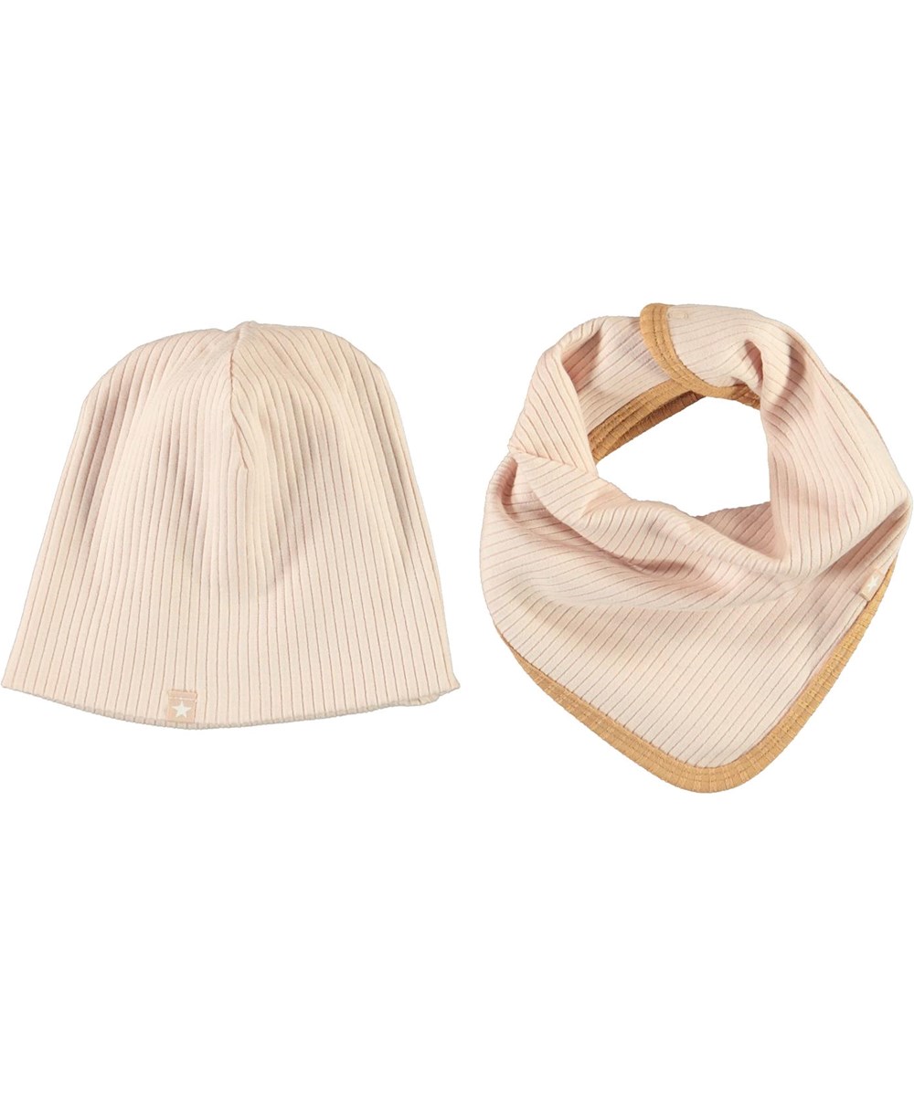 Neci hat and bib set - Cameo Rose - Lyserød babyhue og hagesmæk med brun kant