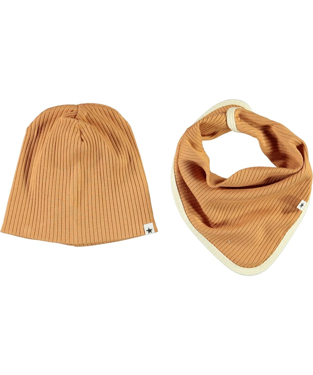 Neci hat and bib set - Deer - Brun babyhue og hagesmæk med gul kant