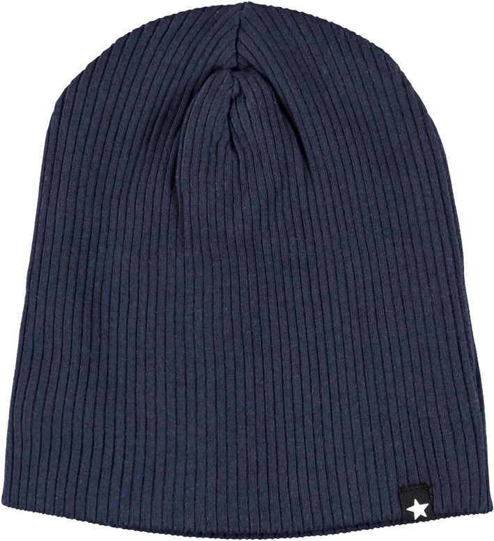 Neci hat and bib set - Galaxy Blue - Økologisk blå rib babyhue og hagesmæk