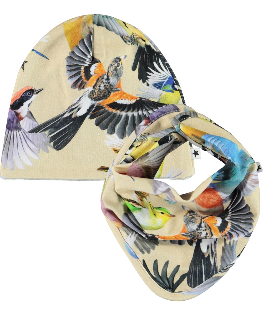 Ned Hat and Bib Set - Whimsical - Økologisk lysegul babyhue og hagesmæk med fugle