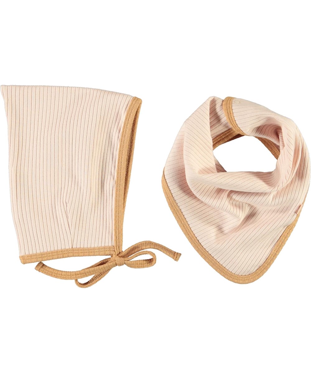 Nevada hat and bib set - Cameo Rose - Lyserød babyhue og hagesmæk med brun kant