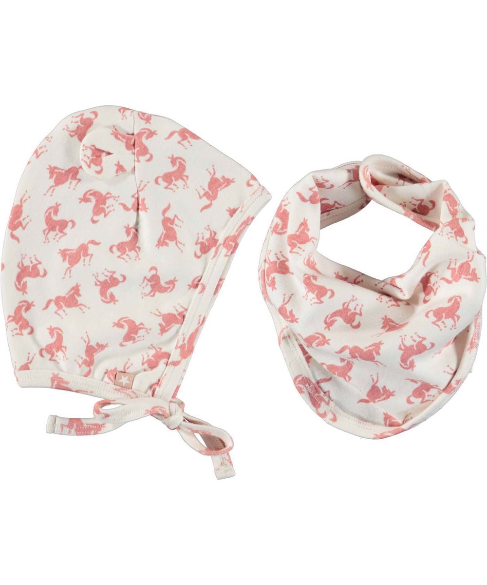Nilo hat and bib set - Mini Horse Rose - Babykyse og hagesmæk med koral hesteprint