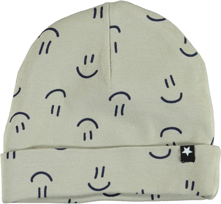 Noe Hat and Bib Set - Happy Graphic - Økologisk lysegrå hue og hagesmæk med smiley's