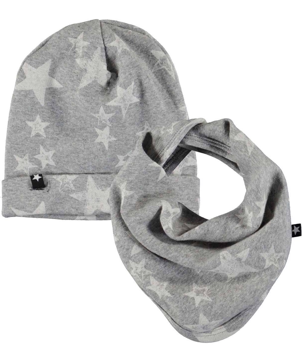 Noe Hat And Bib Set - Ivory Stars - Babyhue og hagesmæk med stjerneprint