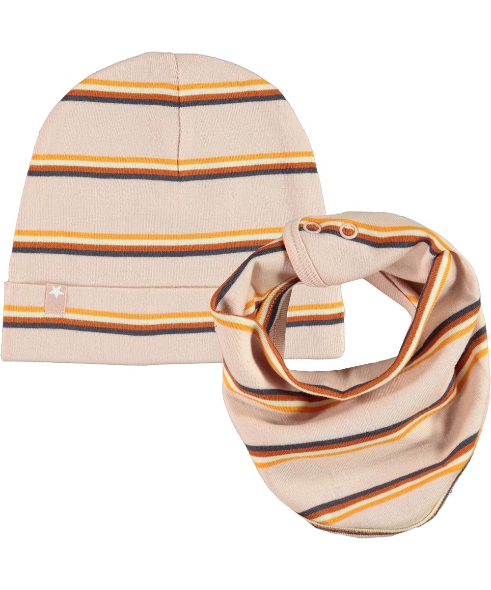 Noe Hat and Bib Set - Cameo Stripe - Stribet babyhue og hagesmæk i lyserød