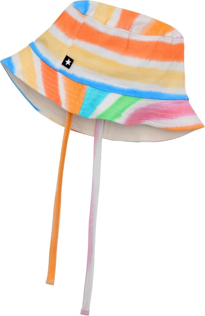 Nomly - Multi Colours - Stribet solhat i økologisk bomuldsblanding med bindebånd under hagen.