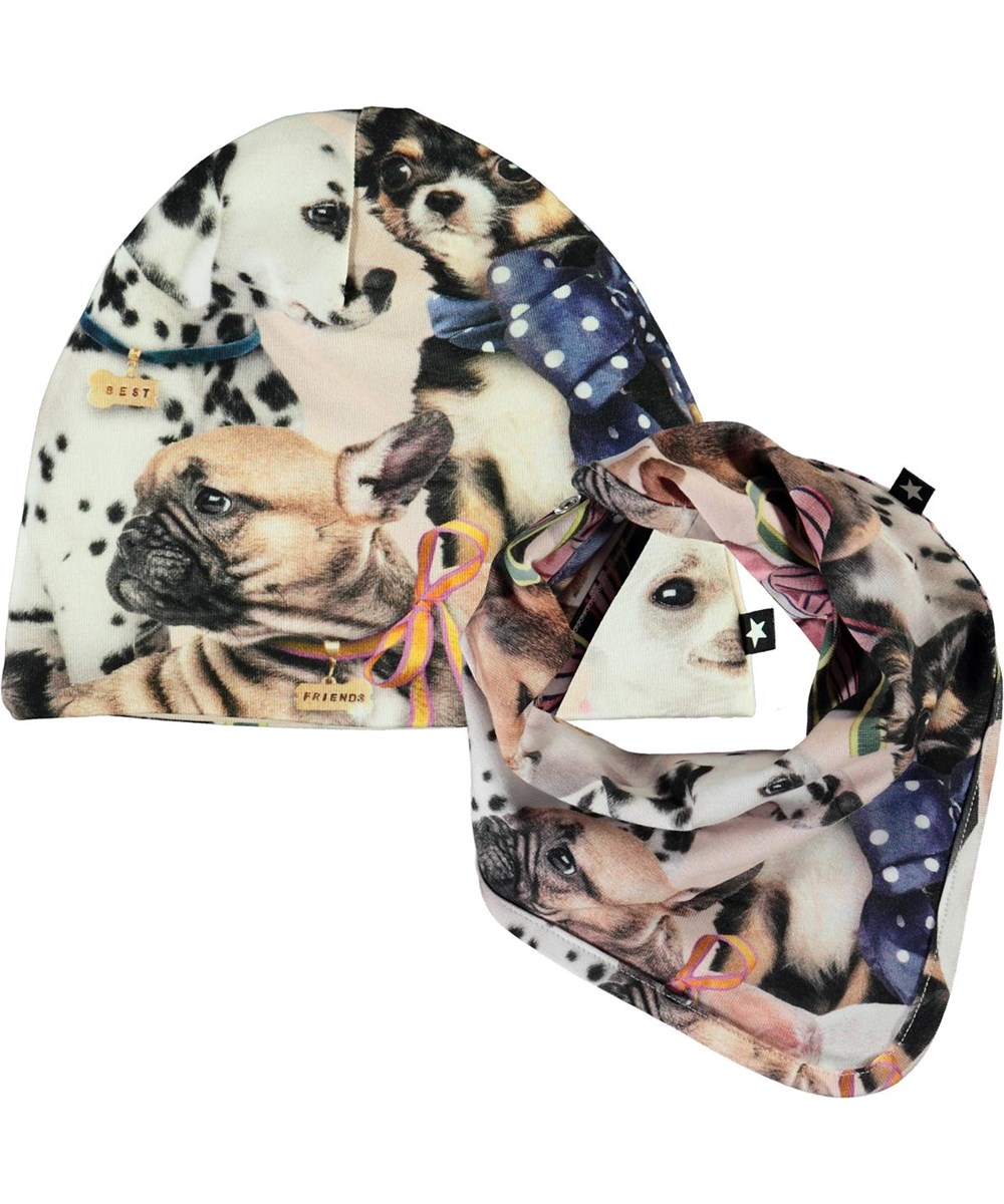 Noon Bib and Hat Set -  Puppy Love - Babyhue og hagesmæk med hunde print